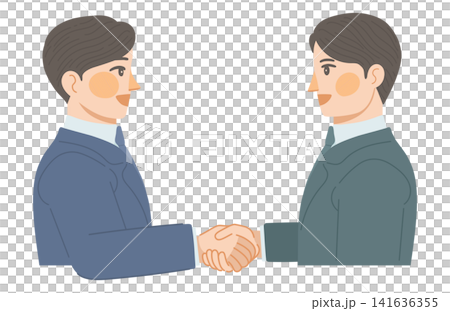 An illustration of two male office workers shaking hands with smiles on their faces. An illustration of two male office workers shaking hands with smiles on their faces. 141636355
