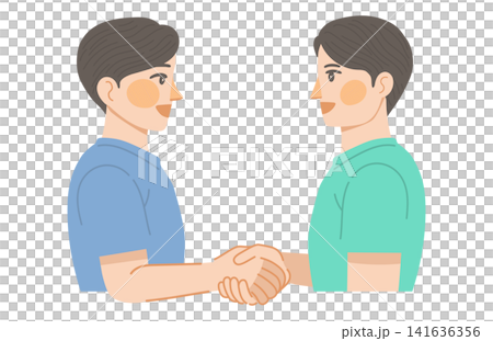 插圖描繪了兩個面帶微笑的男人握手的情景。 141636356