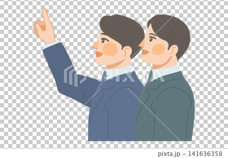 一幅插圖,描繪了一名男上班族面帶微笑,指著上方;另一名男上班族面帶微笑,抬頭看向他所指的方向。 一幅插圖,描繪了一名男上班族面帶微笑,指著上方;另一名男上班族面帶微笑,抬頭看向他所指的方向。 141636358