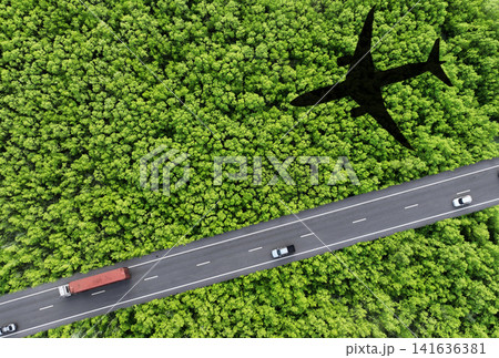 Sustainable transport. Aerial view of eco-friendly vehicles on highway. Electric cars, hydrogen trucks, and SAF-powered airplane shadow over lush green forest. Future of clean energy transportation. Sustainable transport. Aerial view of eco-friendly vehicles on highway. Electric cars, hydrogen trucks, and SAF-powered airplane shadow over lush green forest. Future of clean energy transportation. 141636381