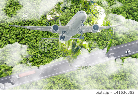 Sustainable aviation fuel concept. Net zero emissions flight. Sustainability transportation. Eco-friendly aviation fuel. Air travel. Future of flight with green innovation. Airplane use biofuel energy Sustainable aviation fuel concept. Net zero emissions flight. Sustainability transportation. Eco-friendly aviation fuel. Air travel. Future of flight with green innovation. Airplane use biofuel energy 141636382