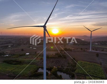 Wind farm field and sunset sky. Wind power. Sustainable, renewable energy. Wind turbines generate electricity. Sustainable development. Green technology for energy sustainability. Eco-friendly energy. 141636943