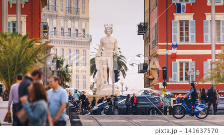 NICE, FRANCE - 02 November, 2018 - Apollo statue and fountaine du Soleil on Massena square NICE, FRANCE - 02 November, 2018 - Apollo statue and fountaine du Soleil on Massena square 141637570