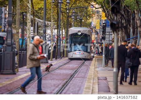 MARSEILLE, FRANCE - 03 Nov 2018 - Urban tram in the street of the city MARSEILLE, FRANCE - 03 Nov 2018 - Urban tram in the street of the city 141637582