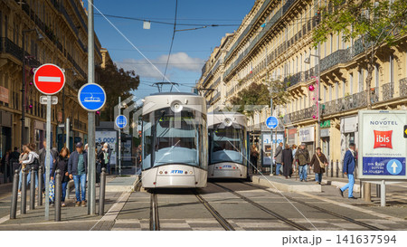 MARSEILLE, FRANCE - 03 Nov 2018 - Urban tram in the street of the city MARSEILLE, FRANCE - 03 Nov 2018 - Urban tram in the street of the city 141637594