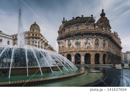 GENOA, ITALY - NOVEMBER 04, 2018 - Fountain on Piazza de Ferrari GENOA, ITALY - NOVEMBER 04, 2018 - Fountain on Piazza de Ferrari 141637604