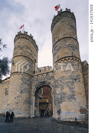 GENOA, ITALY - NOVEMBER 04, 2018 - Porta Soprana or Porta di Sant'Andrea towers GENOA, ITALY - NOVEMBER 04, 2018 - Porta Soprana or Porta di Sant'Andrea towers 141637609