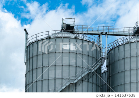 Agricultural grain silos at feed mill factory for animal feed manufacturing. Steel storage tanks used for grain handling, livestock nutrition, seed storage and agricultural supply chain infrastructure Agricultural grain silos at feed mill factory for animal feed manufacturing. Steel storage tanks used for grain handling, livestock nutrition, seed storage and agricultural supply chain infrastructure 141637639