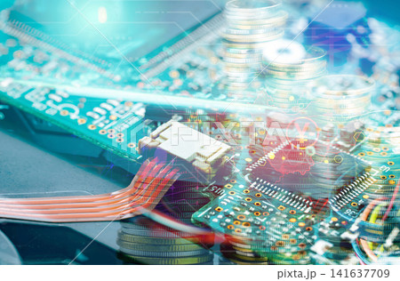 Electronic circuit board on background of Yuan currency sign, coin stack, and China map. China's digital currency. Mainboard of computer. Electronic industry in China. Chinese decentralized finance. Electronic circuit board on background of Yuan currency sign, coin stack, and China map. China's digital currency. Mainboard of computer. Electronic industry in China. Chinese decentralized finance. 141637709