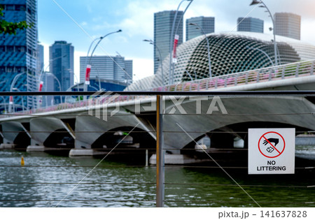 Modern waterfront skyline with iconic contemporary architecture and bridge in Singapore financial district. Smart city development, urban infrastructure and sustainable metropolitan design. 141637828