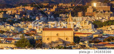 MESSINA, ITALY - NOVEMBER 06, 2018 - Panoramic view of the city and the Duomo di Messina or Messina Cathedral in Sicily MESSINA, ITALY - NOVEMBER 06, 2018 - Panoramic view of the city and the Duomo di Messina or Messina Cathedral in Sicily 141638160