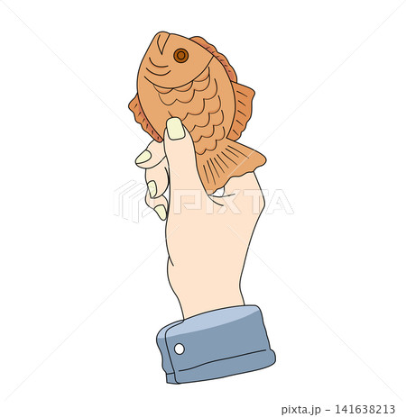 Hand holding Taiyaki fish shaped cake Japanese street food dessert snack illustration graphic element for bakery menu Asian food culture sticker print clipart artwork design icon Hand holding Taiyaki fish shaped cake Japanese street food dessert snack illustration graphic element for bakery menu Asian food culture sticker print clipart artwork design icon 141638213