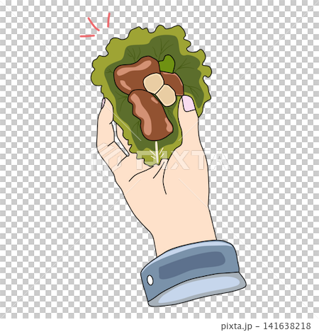 Hand holding Korean lettuce wrap Ssam grilled meat Asian food dining cuisine graphic element for Korean BBQ restaurant menu food blog sticker print clipart artwork design icon Hand holding Korean lettuce wrap Ssam grilled meat Asian food dining cuisine graphic element for Korean BBQ restaurant menu food blog sticker print clipart artwork design icon 141638218