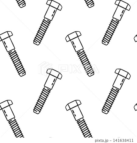 Black and white seamless pattern of bolt in doodle sketch style. Simple vector illustration of working tool for wallpapers and packaging 141638411