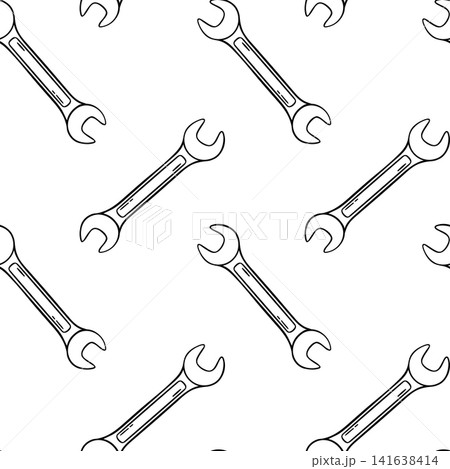 Seamless black and white vector pattern of wrench in doodle sketch style. Repeating repair tool illustration for backgrounds, packaging or textile design Seamless black and white vector pattern of wrench in doodle sketch style. Repeating repair tool illustration for backgrounds, packaging or textile design 141638414