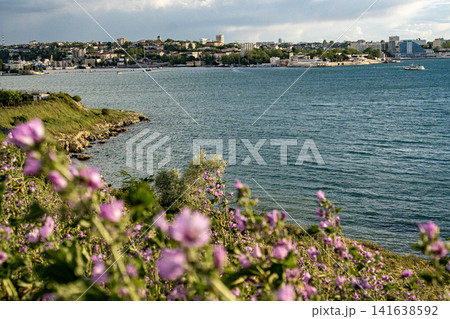 Sevastopol Bay in spring - Severnaya Storona waterfront with flowering coastline, Crimea, Ukraine Sevastopol Bay in spring - Severnaya Storona waterfront with flowering coastline, Crimea, Ukraine 141638592