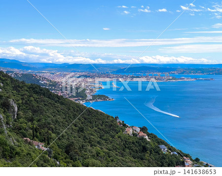 Aerial View Of Trieste City Harbour From Napoleonica Hiking Trail - Famous Climbing Bouldering Area, Gulf Of Trieste Adriatic Italy, Panoramic Karst Hillside Overlook Aerial View Of Trieste City Harbour From Napoleonica Hiking Trail - Famous Climbing Bouldering Area, Gulf Of Trieste Adriatic Italy, Panoramic Karst Hillside Overlook 141638653