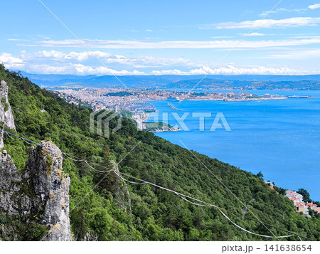 Aerial View Of Trieste City Harbour From Napoleonica Hiking Trail - Famous Climbing Bouldering Area, Gulf Of Trieste Adriatic Italy, Panoramic Karst Hillside Overlook 141638654