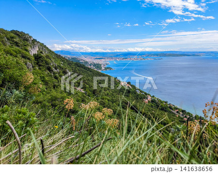 Aerial View Of Trieste City Harbour From Napoleonica Hiking Trail - Famous Climbing Bouldering Area, Gulf Of Trieste Adriatic Italy, Panoramic Karst Hillside Overlook 141638656