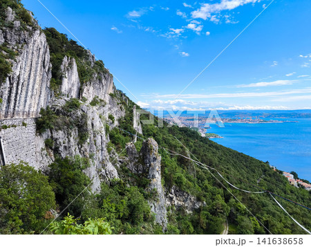 Aerial View Of Trieste City Harbour From Napoleonica Hiking Trail - Famous Climbing Bouldering Area, Gulf Of Trieste Adriatic Italy, Panoramic Karst Hillside Overlook 141638658