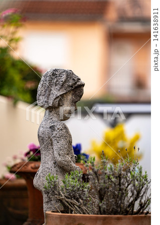 Stone Garden Statue Surrounded By Spring Flowers: Cozy Patio With Chrysanthemum And Geranium Plants Stone Garden Statue Surrounded By Spring Flowers: Cozy Patio With Chrysanthemum And Geranium Plants 141638911