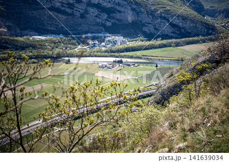 Adige Valley Panoramic View From Placca Del Forte San Marco: Scenic Spring Landscape Over Etsch Valley Near Lake Garda 141639034