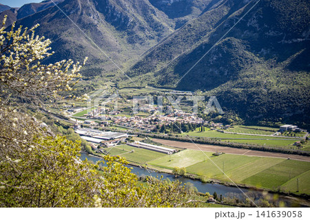 Adige River Valley And Dolci Village Viewed From Placca Del Forte San Marco: Panoramic Spring Landscape Near Lake Garda 141639058