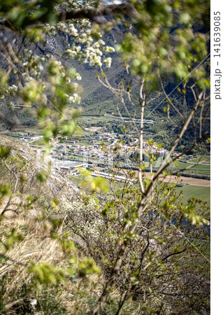 Adige River Valley And Dolci Village Viewed From Placca Del Forte San Marco: Panoramic Spring Landscape Near Lake Garda Adige River Valley And Dolci Village Viewed From Placca Del Forte San Marco: Panoramic Spring Landscape Near Lake Garda 141639085