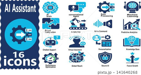 Set of sixteen blue and dark blue icons representing artificial intelligence and digital technology concepts. Set of sixteen blue and dark blue icons representing artificial intelligence and digital technology concepts. 141640268