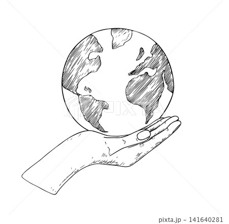 Vector human hand holding planet Earth. Graphic earth day globe illustration isolated on background. Symbolizing environmental protection and global sustainability. For designers, postcards, greetings Vector human hand holding planet Earth. Graphic earth day globe illustration isolated on background. Symbolizing environmental protection and global sustainability. For designers, postcards, greetings 141640281