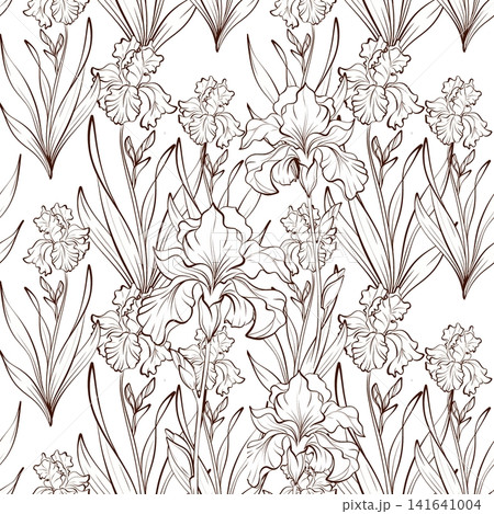 Seamless dense iris botanical vector pattern, black white vertical floral line drawing with flowers and leaves for wallpaper, textile, luxury packaging and stationery Seamless dense iris botanical vector pattern, black white vertical floral line drawing with flowers and leaves for wallpaper, textile, luxury packaging and stationery 141641004