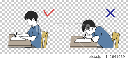 Children studying with correct and incorrect posture: comparative illustrations Children studying with correct and incorrect posture: comparative illustrations 141641089
