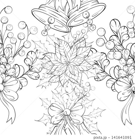Arrangement of Bells With Holly and Poinsettia Seamless Pattern Background Border in Festive Style for Creative Projects Arrangement of Bells With Holly and Poinsettia Seamless Pattern Background Border in Festive Style for Creative Projects 141641091