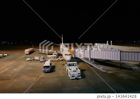 空港 夜間 旅客機駐機 空港 夜間 旅客機駐機 141641428