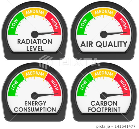 Environmental risk gauges for radiation, air quality, energy and carbon footprint. 3D rendering Environmental risk gauges for radiation, air quality, energy and carbon footprint. 3D rendering 141641477