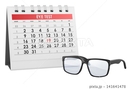 Eye test appointment calendar with black eyeglasses. 3D rendering Eye test appointment calendar with black eyeglasses. 3D rendering 141641478