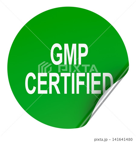 GMP certified, green sticker with peeled corner. 3D rendering 141641480