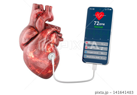 Human heart linked to a smartphone health monitor app showing pulse, blood pressure, oxygen and respiration. 3D rendering Human heart linked to a smartphone health monitor app showing pulse, blood pressure, oxygen and respiration. 3D rendering 141641483