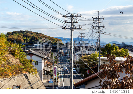 閑静な住宅街の中の道路と電柱のある風景(高台からの見下ろし・日中) 閑静な住宅街の中の道路と電柱のある風景(高台からの見下ろし・日中) 141641551