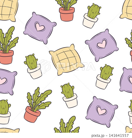 A vector seamless pattern featuring cushions and potted plants A vector seamless pattern featuring cushions and potted plants 141641557
