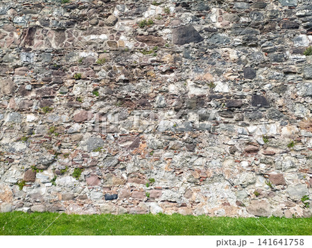 Textured ancient stone wall with green grass at the base. Evoking strength and resilience, this rustic background is perfect for history, heritage, or outdoor concepts. Nobody. 141641758