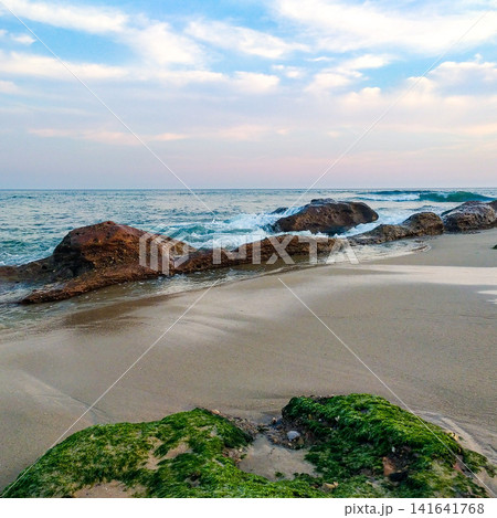This serene coastal landscape at twilight features mossy rocks and gentle ocean waves, evoking a sense of calm and peace. Perfect for wellness and travel. Nobody is present. This serene coastal landscape at twilight features mossy rocks and gentle ocean waves, evoking a sense of calm and peace. Perfect for wellness and travel. Nobody is present. 141641768