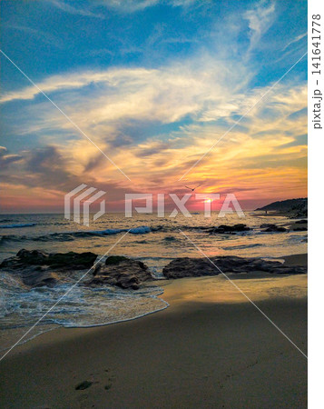 A dramatic vertical shot captures a peaceful ocean sunset over a rocky beach. A solitary bird flies across the vibrant colorful sky, evoking serenity and freedom. Beautiful nature. Nobody. A dramatic vertical shot captures a peaceful ocean sunset over a rocky beach. A solitary bird flies across the vibrant colorful sky, evoking serenity and freedom. Beautiful nature. Nobody. 141641778