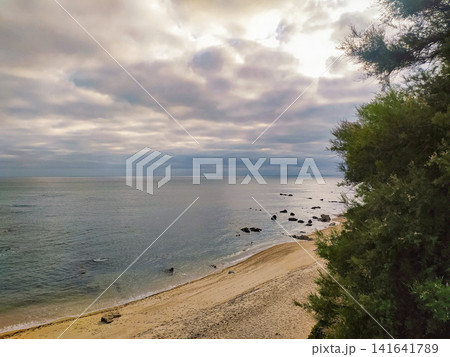 A serene coastal view features a sandy beach meeting a calm ocean under a moody, cloudfilled sky. Nobody is present in this peaceful, solitary landscape, perfect for nature and travel themes. A serene coastal view features a sandy beach meeting a calm ocean under a moody, cloudfilled sky. Nobody is present in this peaceful, solitary landscape, perfect for nature and travel themes. 141641789