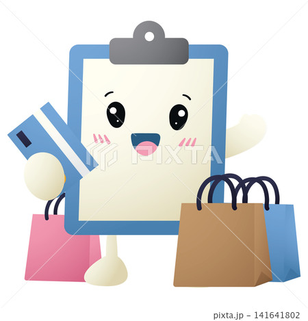 Happy clipboard character holds credit card and shopping bags Happy clipboard character holds credit card and shopping bags 141641802