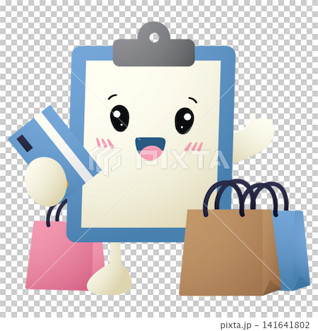 Happy clipboard character holds credit card and shopping bags Happy clipboard character holds credit card and shopping bags 141641802