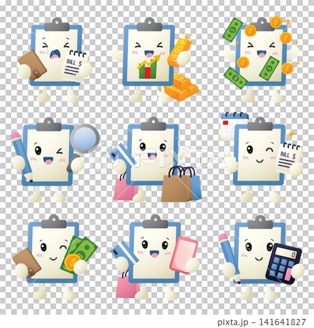 Cute clipboard characters hold money, bills, and tools Cute clipboard characters hold money, bills, and tools 141641827