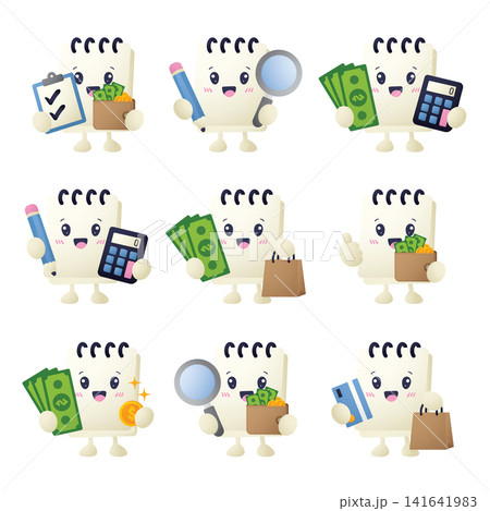 Cartoon notepad character holds various money, tools, and bags Cartoon notepad character holds various money, tools, and bags 141641983