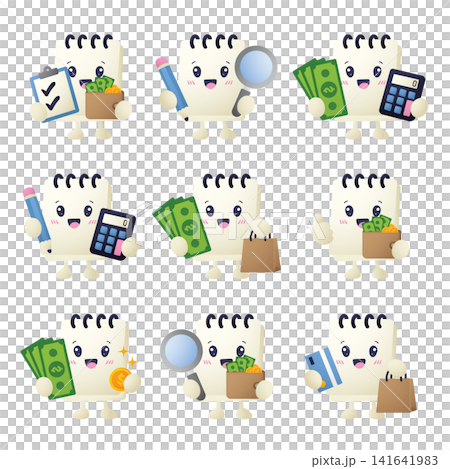 Cartoon notepad character holds various money, tools, and bags Cartoon notepad character holds various money, tools, and bags 141641983