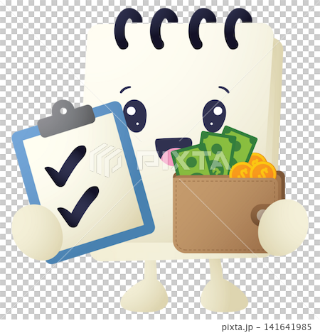 Happy cartoon character holds clipboard and money Happy cartoon character holds clipboard and money 141641985